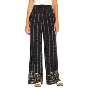 Three Dots Bohomien Festival Pants Black Floral Print Relaxed Fit Slash Pockets